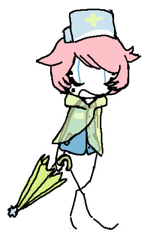 A character holding a green umbrella, the limbs are drawn in a stickfigure style. She has literal white skin, a pink bob, and light blue eyes. They are wearing a light blue nurse hat, a blue button up shirt, and a transparent green raincoat. Her left arm is missing part of it and she has unguligrade legs.